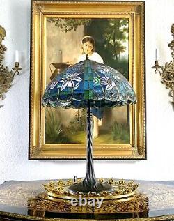 Large Vintage Lamp Tiffany Style Stained Glass on Metal Table / Desk Lighting