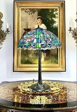 Large Vintage Lamp Tiffany Style Stained Glass on Metal Table / Desk Lighting