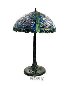 Large Vintage Lamp Tiffany Style Stained Glass on Metal Table / Desk Lighting