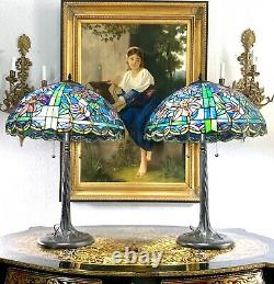 Large Vintage Lamp Tiffany Style Stained Glass on Metal Table / Desk Lighting