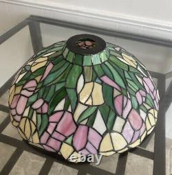 Large Vintage Tiffany Style Slag Glass Flower tulip pink green Lamp Shade 14.5