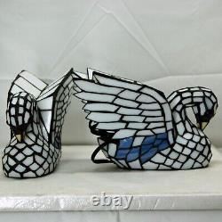 Lot (2) Tiffany Style Stained Glass Swan Table Lamps Vintage Cottage Core Mosaic