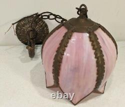 MCM Stained Glass Pink Tulip Hanging Swag Lamp Ornate Hardware Wall or Ceiling