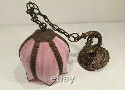 MCM Stained Glass Pink Tulip Hanging Swag Lamp Ornate Hardware Wall or Ceiling