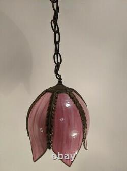 MCM Stained Glass Pink Tulip Hanging Swag Lamp Ornate Hardware Wall or Ceiling