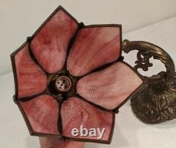 MCM Stained Glass Pink Tulip Hanging Swag Lamp Ornate Hardware Wall or Ceiling