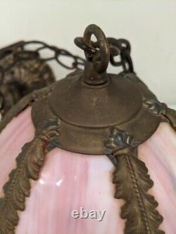 MCM Stained Glass Pink Tulip Hanging Swag Lamp Ornate Hardware Wall or Ceiling