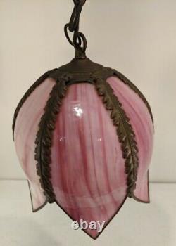 MCM Stained Glass Pink Tulip Hanging Swag Lamp Ornate Hardware Wall or Ceiling