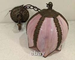 MCM Stained Glass Pink Tulip Hanging Swag Lamp Ornate Hardware Wall or Ceiling