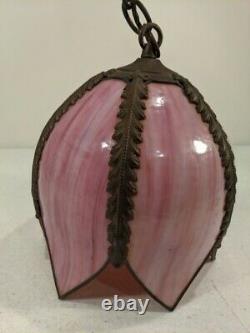 MCM Stained Glass Pink Tulip Hanging Swag Lamp Ornate Hardware Wall or Ceiling