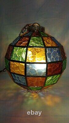 MID Century Vintage Hanging Swag Stained Glass Globe Lamp Light