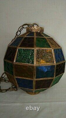 MID Century Vintage Hanging Swag Stained Glass Globe Lamp Light