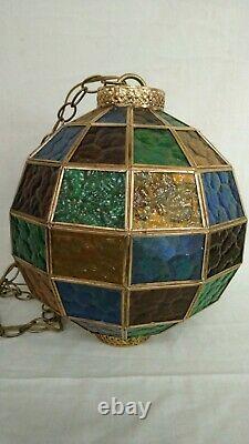 MID Century Vintage Hanging Swag Stained Glass Globe Lamp Light