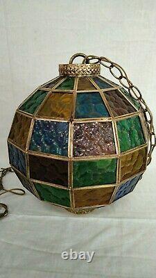 MID Century Vintage Hanging Swag Stained Glass Globe Lamp Light