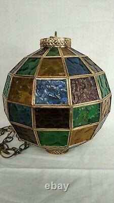 MID Century Vintage Hanging Swag Stained Glass Globe Lamp Light