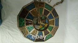 MID Century Vintage Hanging Swag Stained Glass Globe Lamp Light