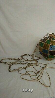 MID Century Vintage Hanging Swag Stained Glass Globe Lamp Light