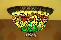 Makenier Vintage Tiffany Green Stained Glass Dragonfly Flush Mount Ceiling Lamp
