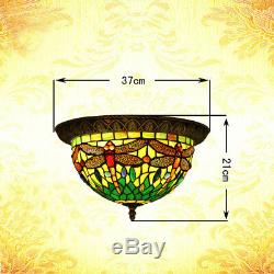 Makenier Vintage Tiffany Green Stained Glass Dragonfly Flush Mount Ceiling Lamp