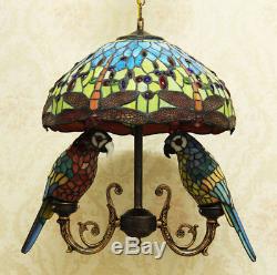 Makenier Vintage Tiffany Stained Glass Dragonfly + Parrots Pendant Hanging Lamp