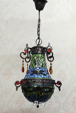 Makenier Vintage Tiffany Style Stained Glass Blue Dragonfly Pendant Lamp
