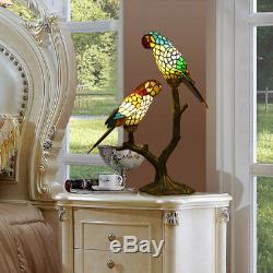 Makenier Vintage Tiffany Style Stained Glass Double Parrots Big Table Lamp