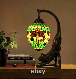 Makenier Vintage Tiffany Style Stained Glass Green Dragonfly Cat Table Lamp