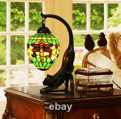 Makenier Vintage Tiffany Style Stained Glass Green Dragonfly Cat Table Lamp