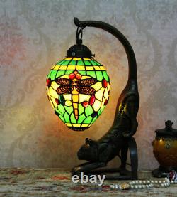 Makenier Vintage Tiffany Style Stained Glass Green Dragonfly Cat Table Lamp