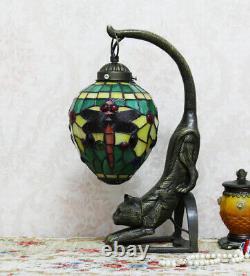 Makenier Vintage Tiffany Style Stained Glass Green Dragonfly Cat Table Lamp