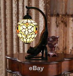 Makenier Vintage Tiffany Style Stained Glass Pink Flower Cat Table Lamp