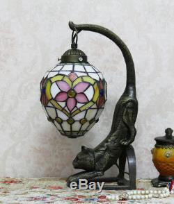 Makenier Vintage Tiffany Style Stained Glass Pink Flower Cat Table Lamp