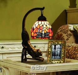 Makenier Vintage Tiffany Style Stained Glass Red Dragonfly Cat Table Lamp