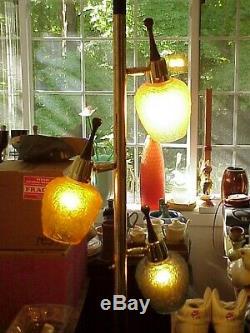 Mid Century Modern 3-Light Teak, Brass, Textured Stained Glass TENSION POLE LAMP