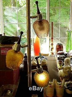 Mid Century Modern 3-Light Teak, Brass, Textured Stained Glass TENSION POLE LAMP