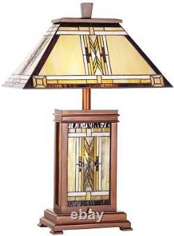 Mission Rustic Tiffany Style Table Lamp 27 Tall Walnut Wood with Nightlight