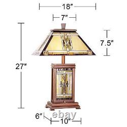 Mission Rustic Tiffany Style Table Lamp 27 Tall Walnut Wood with Nightlight