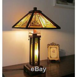Mission Table Lamp 2 Light Lit Base Tiffany Style Craftsman Stained Glass Chain