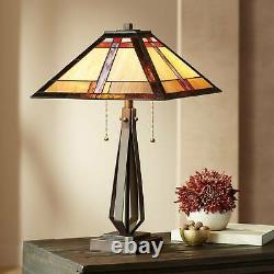 Mission Table Lamp Bronze Tiffany Style Art Glass Shade for Living Room Bedroom