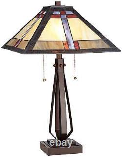 Mission Table Lamp Bronze Tiffany Style Art Glass Shade for Living Room Bedroom