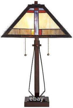 Mission Table Lamp Bronze Tiffany Style Art Glass Shade for Living Room Bedroom