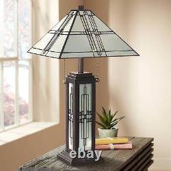 Mission Table Lamp with Nightlight LED Oiled Bronze Tiffany Style Glass Bedroom