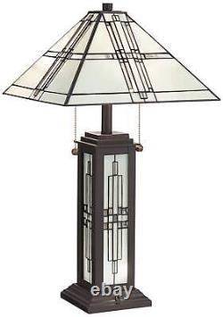 Mission Table Lamp with Nightlight LED Oiled Bronze Tiffany Style Glass Bedroom