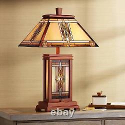 Mission Table Lamp with Nightlight Walnut Wood Tiffany Stained Glass for Bedroom