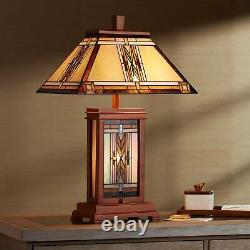 Mission Table Lamp with Nightlight Walnut Wood Tiffany Stained Glass for Bedroom