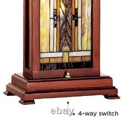 Mission Table Lamp with Nightlight Walnut Wood Tiffany Stained Glass for Bedroom