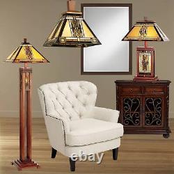 Mission Table Lamp with Nightlight Walnut Wood Tiffany Stained Glass for Bedroom