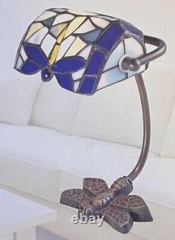 NEW Dragonfly Desk Bankers Lamp Bronze Stained Glass shade 10 toggle switch