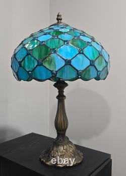 NEW Tiffany Style Table Lamp Blue Stained Glass, 12x12x19 In Antique Desk Light