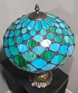 NEW Tiffany Style Table Lamp Blue Stained Glass, 12x12x19 In Antique Desk Light